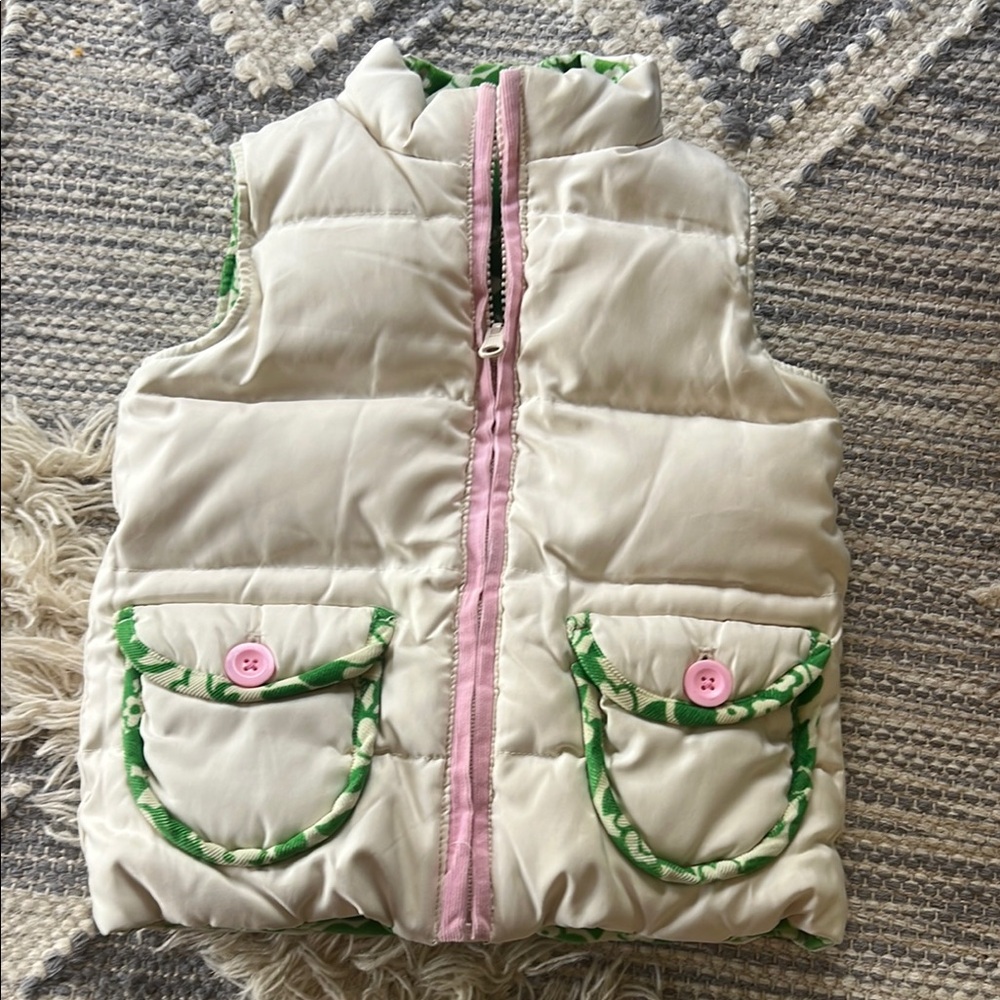 Cream Puffer Vest with Pink and Green Accents